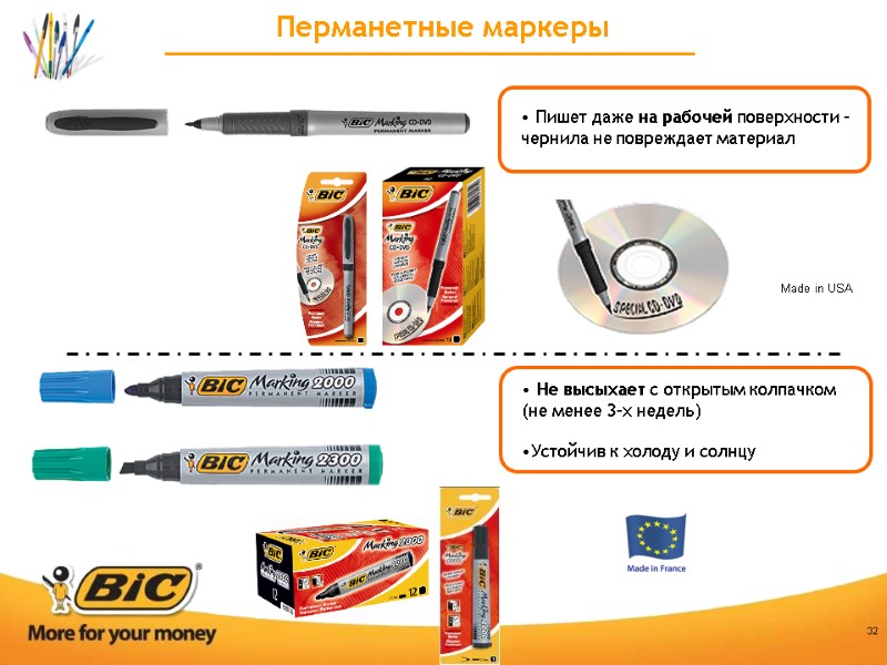 32  Пишет даже на рабочей поверхности – чернила не повреждает материал Перманетные маркеры